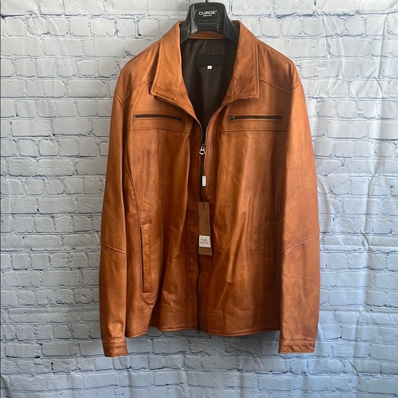 Italian Camel Leather‎ Zip Up Jacket Made by CURGÈ size Mens Large NWT #3 - Picture 1 of 7